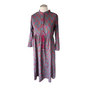 Gerua Long Sleeve Belle Sleeve Maxi Dress Floral Pattern Gray and Pink L